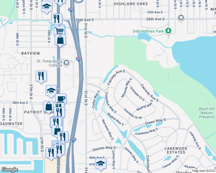map of restaurants, bars, coffee shops, grocery stores, and more near 2635 Fairway Avenue South in St. Petersburg