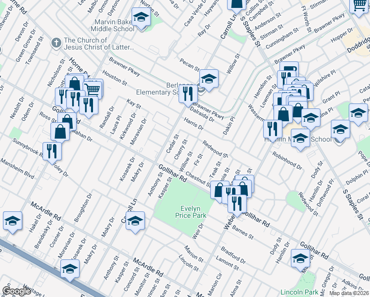 map of restaurants, bars, coffee shops, grocery stores, and more near 4305 Willow Street in Corpus Christi