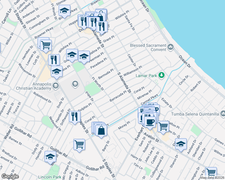 map of restaurants, bars, coffee shops, grocery stores, and more near 602 Driftwood Place in Corpus Christi