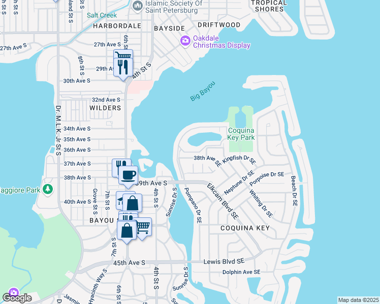 map of restaurants, bars, coffee shops, grocery stores, and more near 117 Pompano Drive Southeast in St. Petersburg
