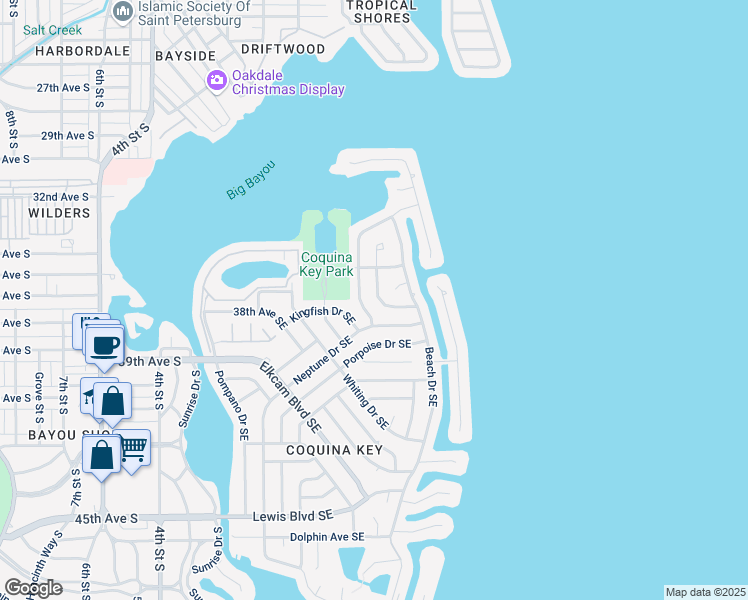 map of restaurants, bars, coffee shops, grocery stores, and more near 3655 Searobin Drive Southeast in Saint Petersburg