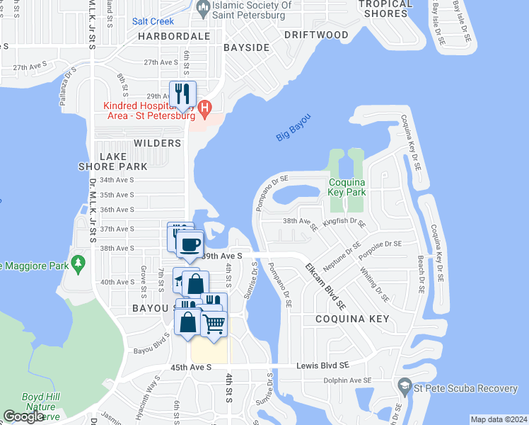 map of restaurants, bars, coffee shops, grocery stores, and more near 101 Pompano Drive Southeast in St. Petersburg