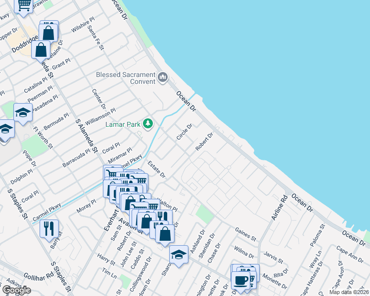 map of restaurants, bars, coffee shops, grocery stores, and more near 253 Circle Drive in Corpus Christi