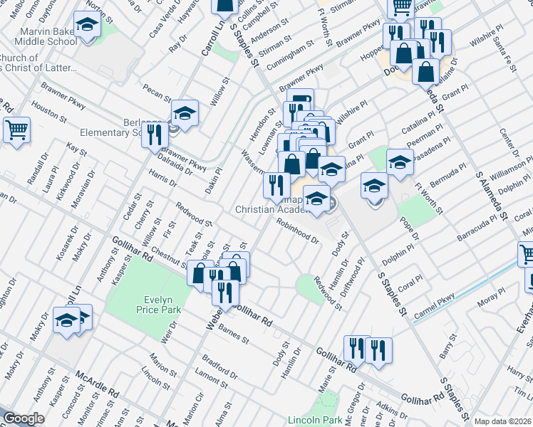 map of restaurants, bars, coffee shops, grocery stores, and more near 4205 Markins Drive in Corpus Christi