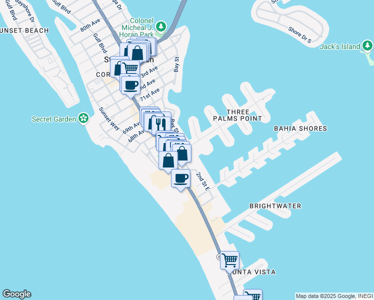 map of restaurants, bars, coffee shops, grocery stores, and more near 6490 Bay Street in St. Pete Beach