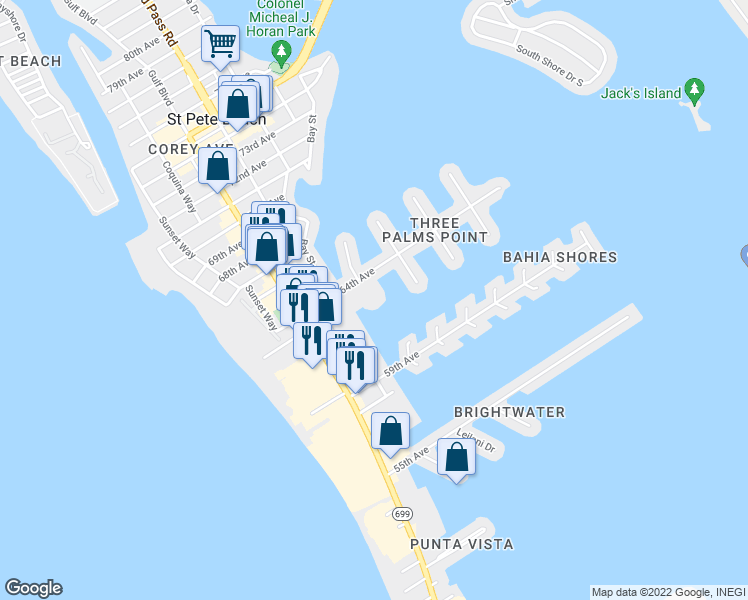 map of restaurants, bars, coffee shops, grocery stores, and more near 440 64th Avenue in St. Pete Beach