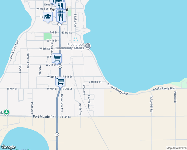 map of restaurants, bars, coffee shops, grocery stores, and more near 337 East 8th Street in Frostproof
