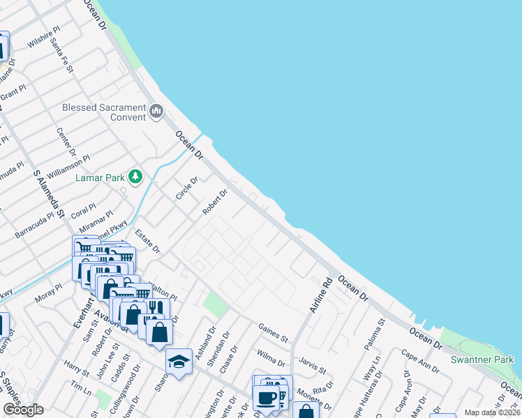 map of restaurants, bars, coffee shops, grocery stores, and more near 4350 Ocean Drive in Corpus Christi