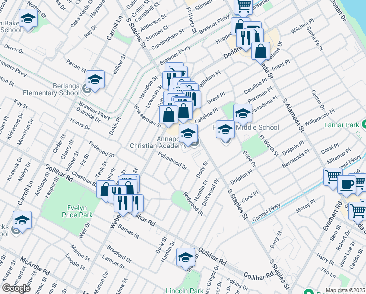 map of restaurants, bars, coffee shops, grocery stores, and more near 3857 South Staples Street in Corpus Christi