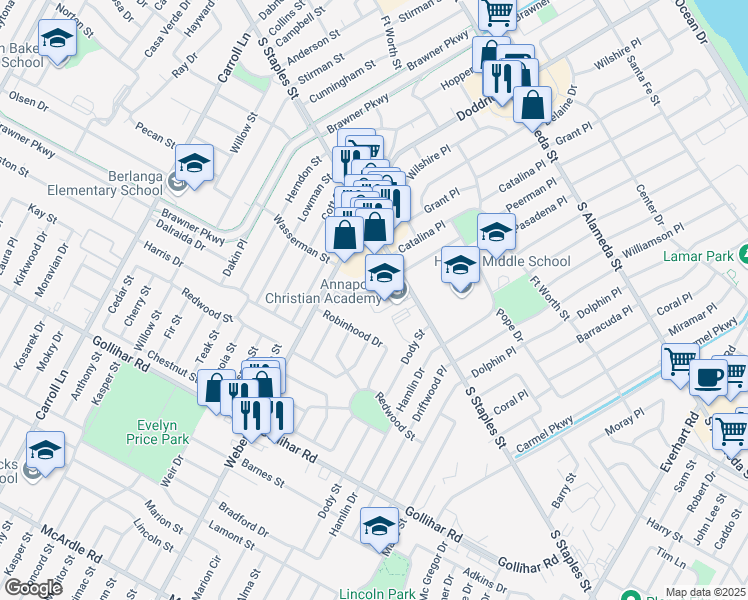 map of restaurants, bars, coffee shops, grocery stores, and more near 3875 South Staples Street in Corpus Christi
