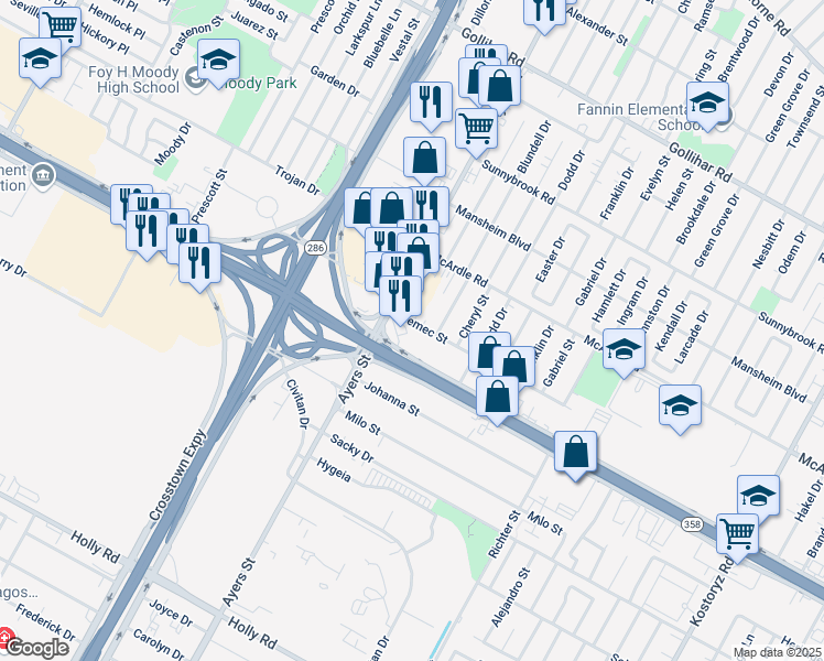 map of restaurants, bars, coffee shops, grocery stores, and more near 2417 Nemec Street in Corpus Christi