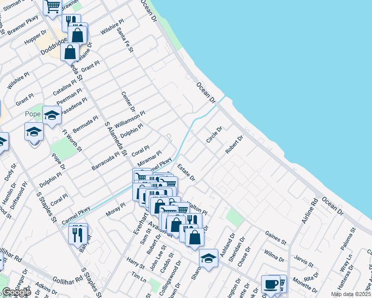 map of restaurants, bars, coffee shops, grocery stores, and more near 322 Aberdeen Avenue in Corpus Christi