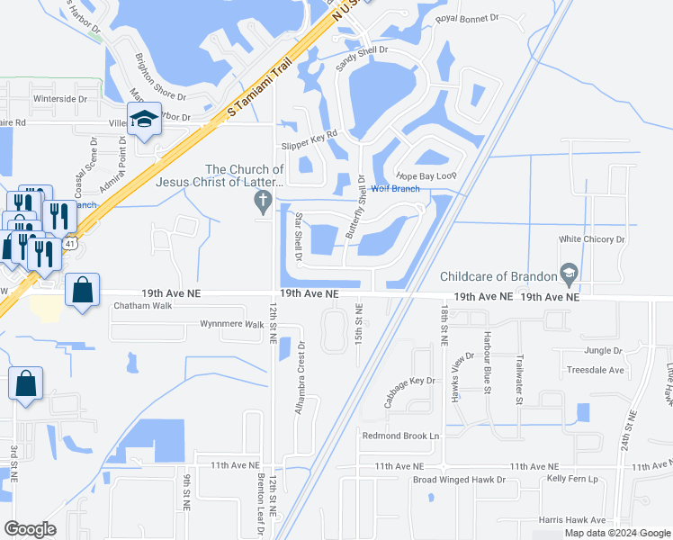 map of restaurants, bars, coffee shops, grocery stores, and more near 104 Star Shell Drive in Apollo Beach