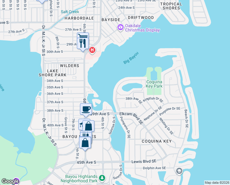 map of restaurants, bars, coffee shops, grocery stores, and more near 101 Pompano Drive Southeast in St. Petersburg