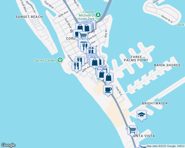 map of restaurants, bars, coffee shops, grocery stores, and more near 6651 Sunset Way in St. Pete Beach