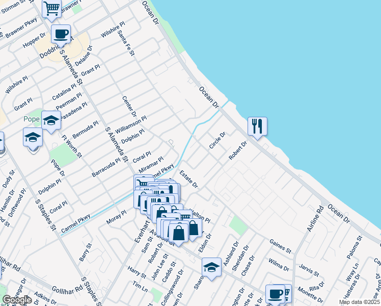 map of restaurants, bars, coffee shops, grocery stores, and more near 322 Aberdeen Avenue in Corpus Christi