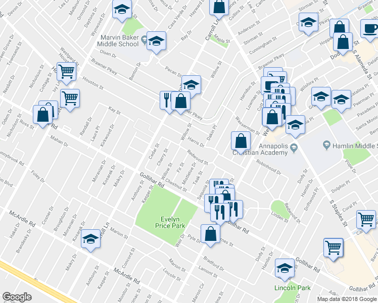 map of restaurants, bars, coffee shops, grocery stores, and more near 3720 Redwood Street in Corpus Christi