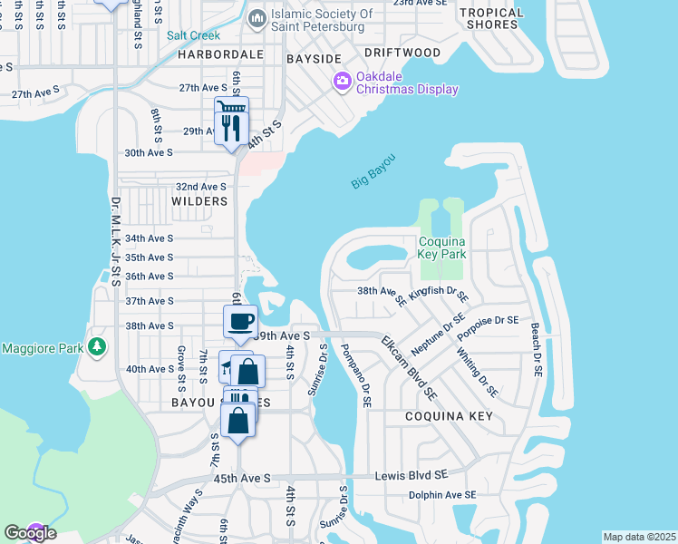 map of restaurants, bars, coffee shops, grocery stores, and more near 3700 Pompano Drive Southeast in St. Petersburg