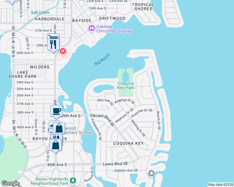 map of restaurants, bars, coffee shops, grocery stores, and more near 3690 Whiting Drive Southeast in St. Petersburg