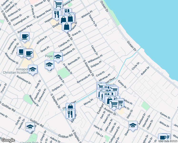 map of restaurants, bars, coffee shops, grocery stores, and more near 506 Dolphin Place in Corpus Christi