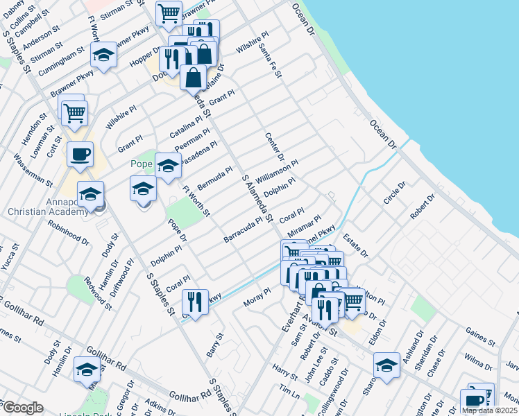 map of restaurants, bars, coffee shops, grocery stores, and more near 506 Dolphin Place in Corpus Christi