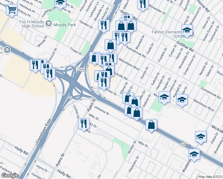 map of restaurants, bars, coffee shops, grocery stores, and more near 2426 Nemec Street in Corpus Christi