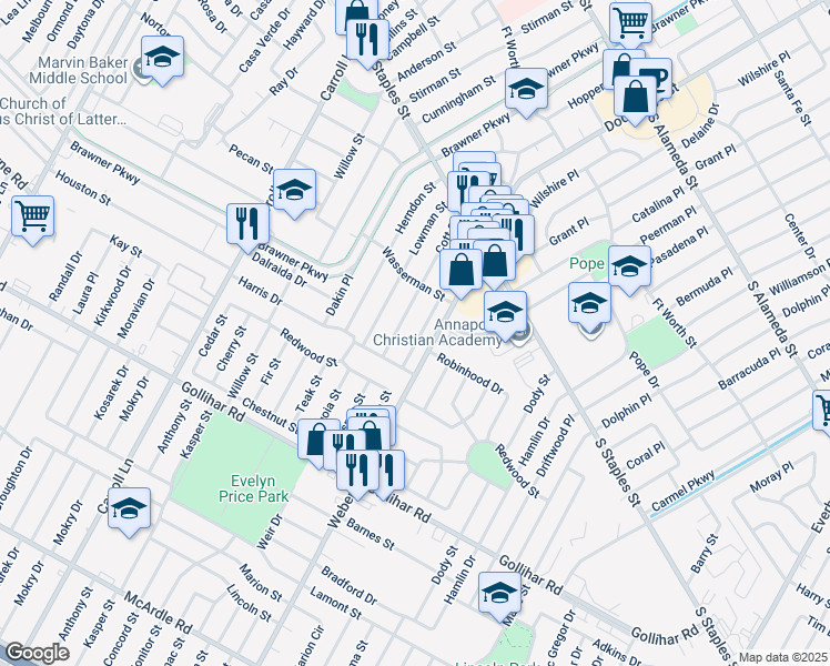 map of restaurants, bars, coffee shops, grocery stores, and more near 4205 Markins Drive in Corpus Christi