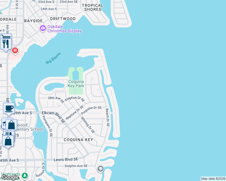 map of restaurants, bars, coffee shops, grocery stores, and more near 3640 Coquina Key Drive Southeast in Saint Petersburg