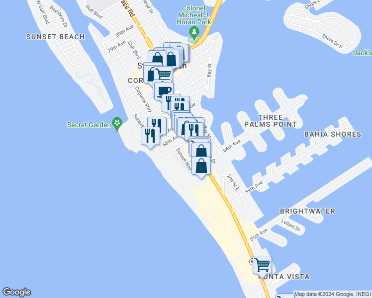 map of restaurants, bars, coffee shops, grocery stores, and more near 6651 Sunset Way in St. Pete Beach