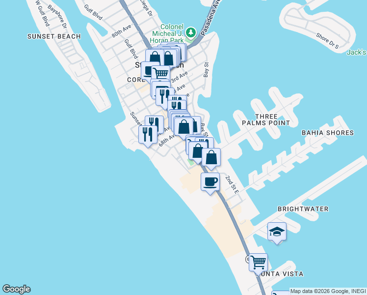 map of restaurants, bars, coffee shops, grocery stores, and more near 6651 Sunset Way in St. Pete Beach