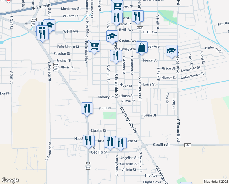 map of restaurants, bars, coffee shops, grocery stores, and more near 1418 South Reynolds Street in Alice