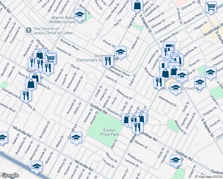 map of restaurants, bars, coffee shops, grocery stores, and more near 4305 Willow Street in Corpus Christi