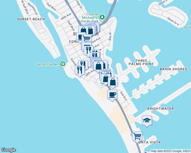 map of restaurants, bars, coffee shops, grocery stores, and more near 6651 Sunset Way in St. Pete Beach