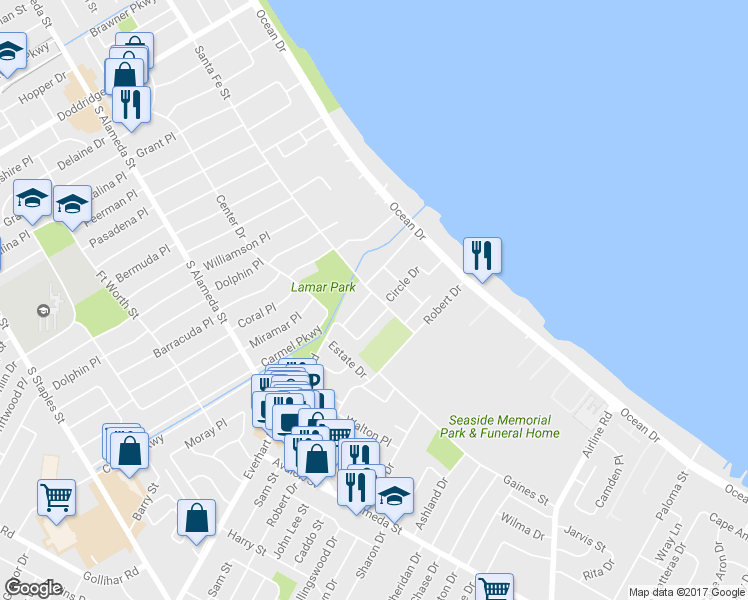 map of restaurants, bars, coffee shops, grocery stores, and more near 301 Aberdeen Avenue in Corpus Christi