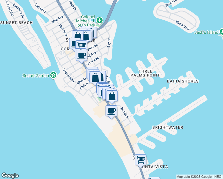 map of restaurants, bars, coffee shops, grocery stores, and more near 6490 Bay Street in St. Pete Beach