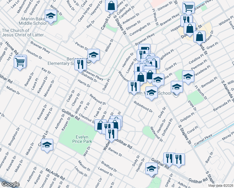 map of restaurants, bars, coffee shops, grocery stores, and more near 4218 Lowman Street in Corpus Christi
