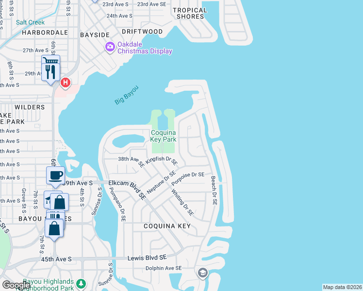 map of restaurants, bars, coffee shops, grocery stores, and more near 3639 Searobin Drive Southeast in St. Petersburg
