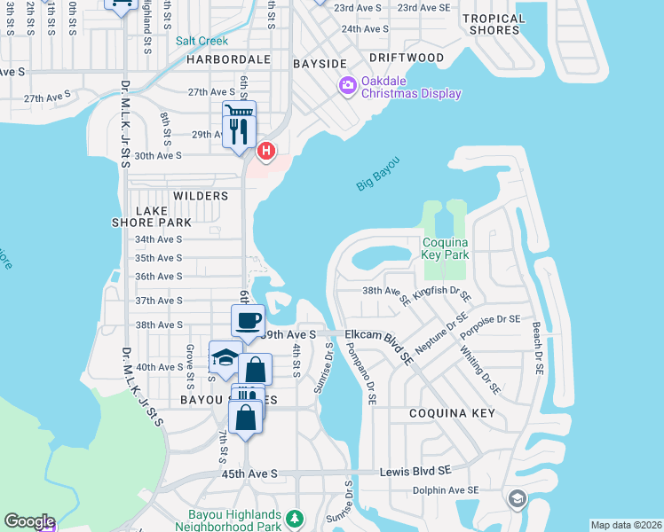 map of restaurants, bars, coffee shops, grocery stores, and more near 101 Pompano Drive Southeast in St. Petersburg
