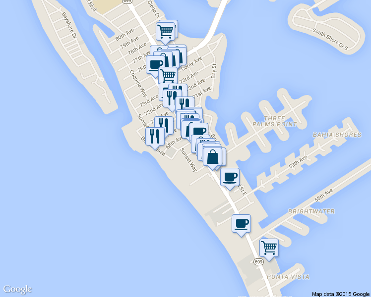 map of restaurants, bars, coffee shops, grocery stores, and more near 6651 Sunset Way in St. Pete Beach