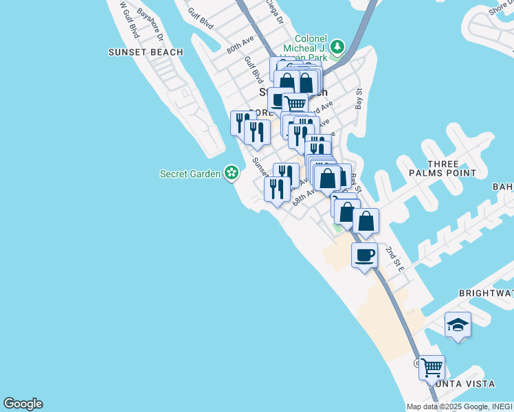 map of restaurants, bars, coffee shops, grocery stores, and more near 6950 Beach Plaza in St. Pete Beach