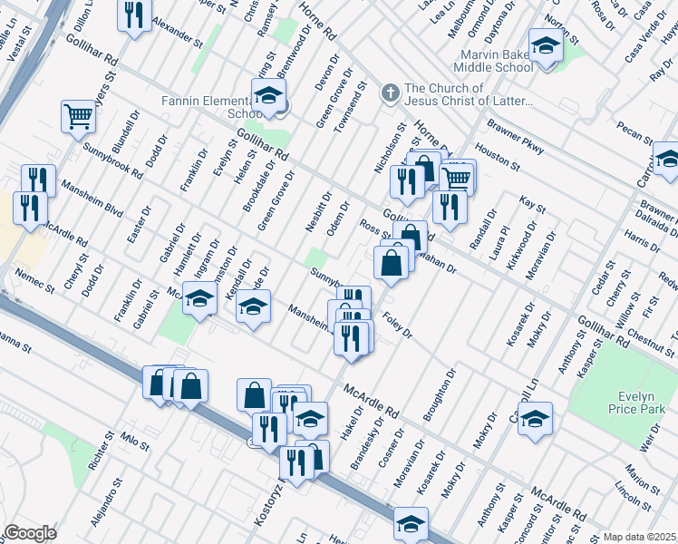 map of restaurants, bars, coffee shops, grocery stores, and more near 3022 Sunnybrook Road in Corpus Christi