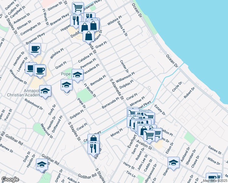 map of restaurants, bars, coffee shops, grocery stores, and more near 506 Dolphin Place in Corpus Christi