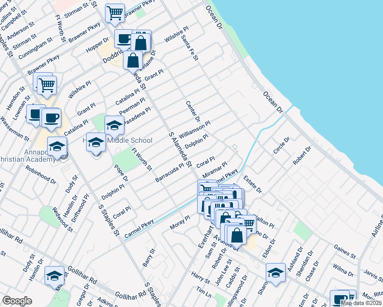 map of restaurants, bars, coffee shops, grocery stores, and more near 458 Barracuda Place in Corpus Christi