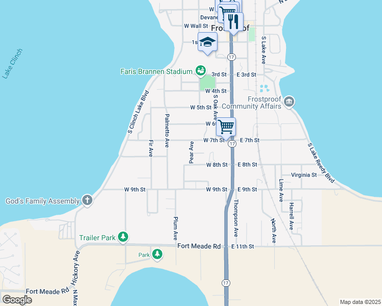 map of restaurants, bars, coffee shops, grocery stores, and more near Pear Avenue in Frostproof