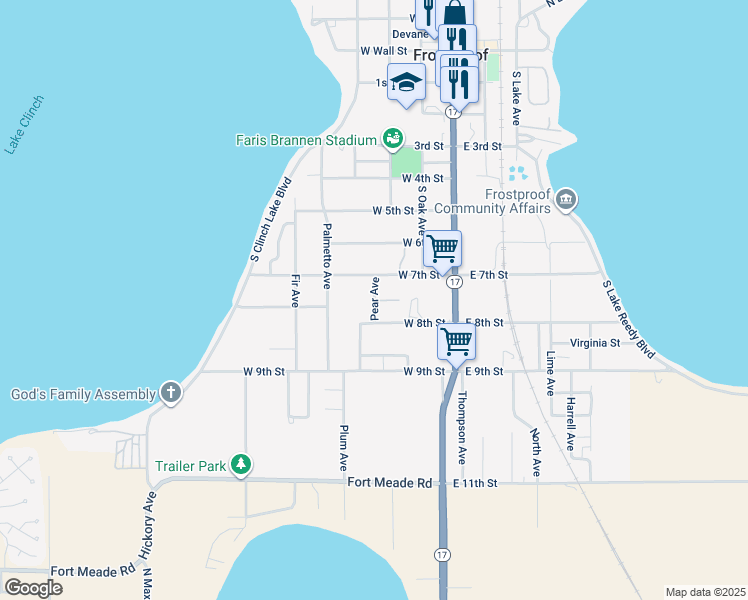 map of restaurants, bars, coffee shops, grocery stores, and more near 100 7th Place in Frostproof