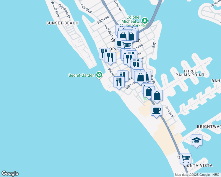 map of restaurants, bars, coffee shops, grocery stores, and more near 6950 Beach Plaza in St. Pete Beach