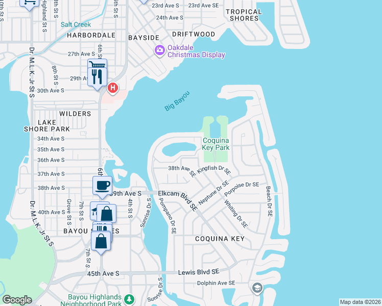 map of restaurants, bars, coffee shops, grocery stores, and more near 215 Sea Horse Drive Southeast in St. Petersburg