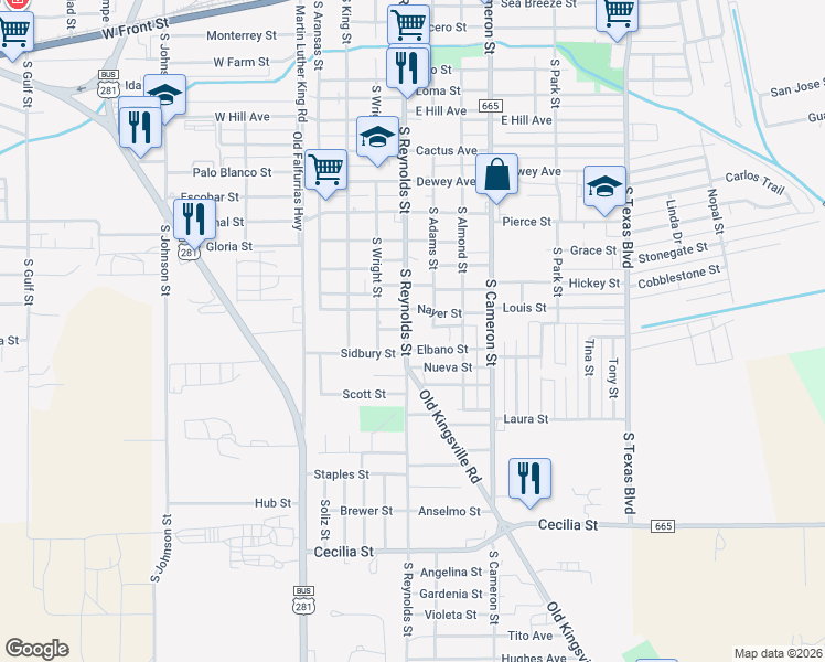 map of restaurants, bars, coffee shops, grocery stores, and more near 1418 South Reynolds Street in Alice