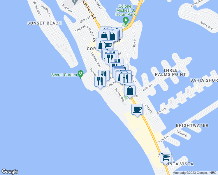 map of restaurants, bars, coffee shops, grocery stores, and more near 6700 Sunset Way in Saint Pete Beach
