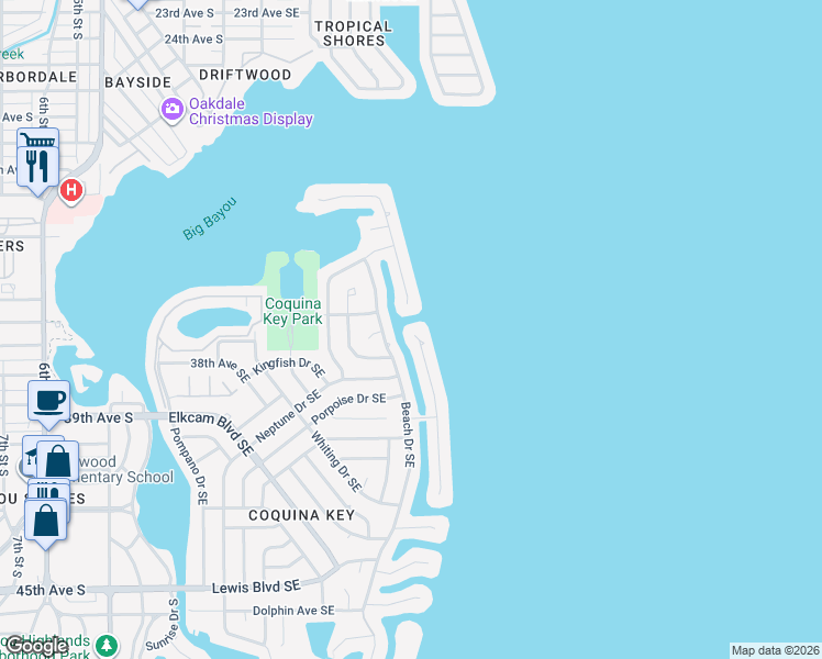 map of restaurants, bars, coffee shops, grocery stores, and more near 3640 Coquina Key Drive Southeast in St. Petersburg